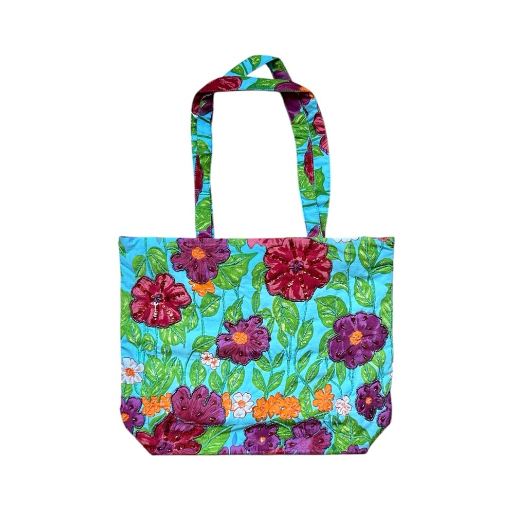 Vintage Fragonard Perfume Embellished Floral Print Cotton Tote Bag - Multicolor